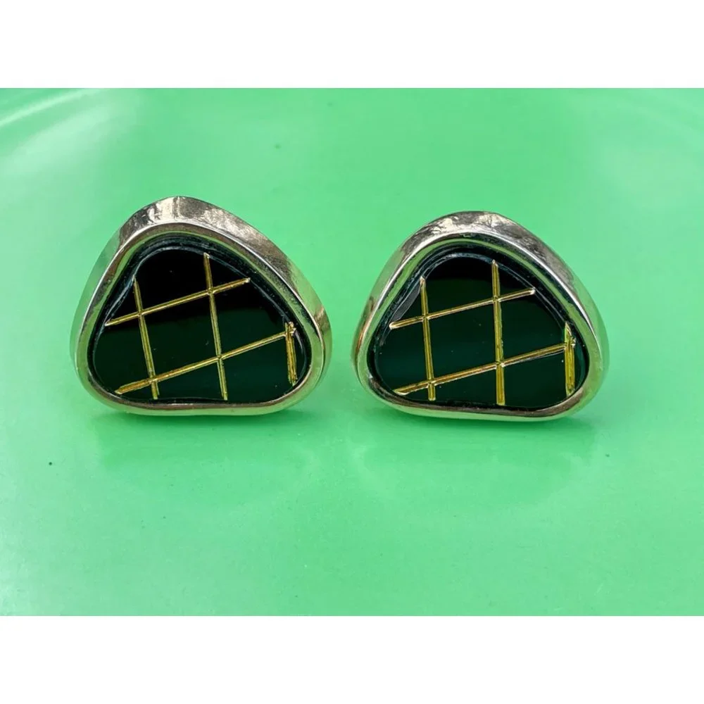 Vintage 1960s Chunky Mens Cufflinks Black Glass Matrix - Picture 2 of 8